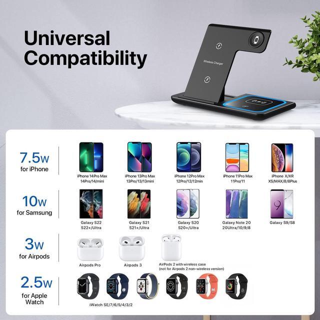 Alt view image 3 of 7 - Wireless Charger, Corn 3 in 1 Wireless Charging Station, Fast Wireless Charger Stand for iPhone 14/13/12/11/Pro/Max/XS/XR/X/8/Plus, for Apple Watch 7/6/5/4/3/2/SE, for AirPods 3/2/Pro(Black)