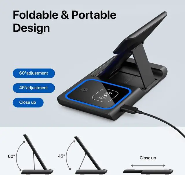 Alt view image 5 of 7 - Wireless Charger, Corn 3 in 1 Wireless Charging Station, Fast Wireless Charger Stand for iPhone 14/13/12/11/Pro/Max/XS/XR/X/8/Plus, for Apple Watch 7/6/5/4/3/2/SE, for AirPods 3/2/Pro(Black)