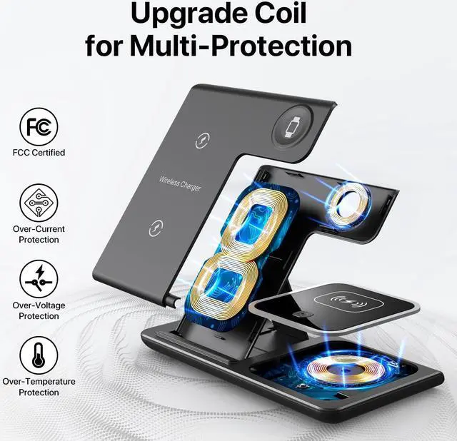 Alt view image 2 of 7 - Wireless Charger, Corn 3 in 1 Wireless Charging Station, Fast Wireless Charger Stand for iPhone 14/13/12/11/Pro/Max/XS/XR/X/8/Plus, for Apple Watch 7/6/5/4/3/2/SE, for AirPods 3/2/Pro(Black)