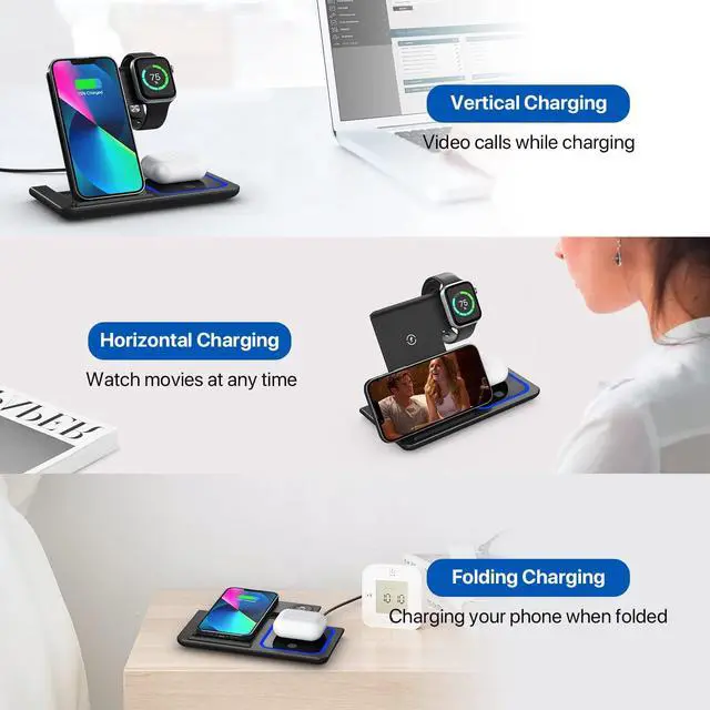 Alt view image 6 of 7 - Wireless Charger, Corn 3 in 1 Wireless Charging Station, Fast Wireless Charger Stand for iPhone 14/13/12/11/Pro/Max/XS/XR/X/8/Plus, for Apple Watch 7/6/5/4/3/2/SE, for AirPods 3/2/Pro(Black)