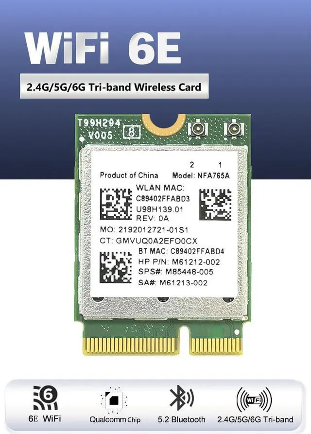 Alt view image 4 of 6 - Qualcomm Chip NFA765/NFA765A WiFi 6E 5G Dual-band Built-in Wireless Network Card Bluetooth 5.3 NGFF M2-2.4G-5G-6G Wireless Speed Tri-Band-Support Win10 Win11