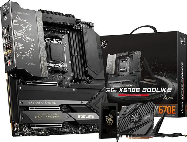 Main image of MSI MEG X670E GODLIKE Gaming Motherboard (AMD AM5, DDR5, PCIe 5.0, SATA 6Gb/s, M.2, USB 3.2 Gen 2, Wi-Fi 6E, HDMI/DP, Dual LAN, SLI, EATX)
