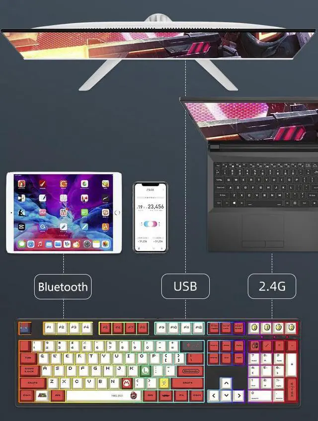 Alt view image 3 of 7 - Corn Tri-Band RGB Wireless Bluetooth Wired 108 key Customized Mechanical Keyboard Gundam Cartoon Animation Co-branding Theme PBT keycaps Anti-Ghosting Gaming Keyboard Silver Switch