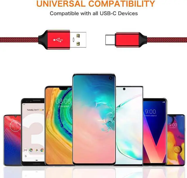 Alt view image 5 of 5 - USB Type C Cable,USB A to USB C 2.4A Fast Charging (3.3ft 2-Pack) Braided Charge Cord Compatible with Samsung Galaxy S10 S9 S8 Plus,Note 9 8,A11 A20 A51,LG G6 G7 V30 V35,Moto Z2 Z3,USB C Charger (Red)