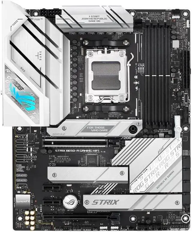 Main image of ASUS ROG STRIX B650-A GAMING WIFI 6E Snow,Socket AM5 (LGA 1718) Ryzen 7000 gaming motherboard(DDR5, three M.2 slots, PCIe 4.0, 2.5G LAN, WiFi 6E, USB 3.2 Gen 2x2 Type-C port, and Aura Sync RGB )