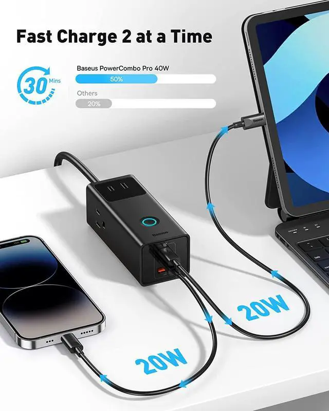 Alt view image 4 of 5 - USB C Charger, Baseus PowerCombo Pro 40W, Surge Protector Power Strip, 6-in-1 USB C Charging Station with 3 Outlets, 2 USB-C Ports, USB Port, for Nightstand, Travel, TV Cabinet, and End Table
