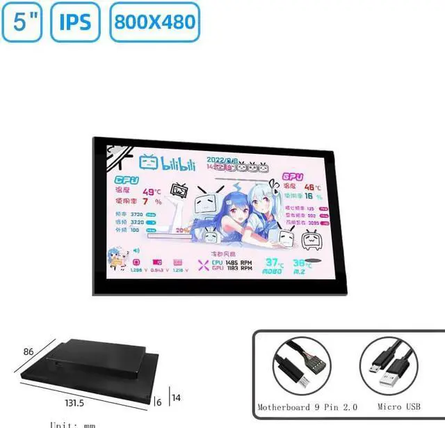 Alt view image 2 of 4 - Corn Auxiliary Screen, Data Surveillance of AIDA64 Computer Monitoring LCD Display-131.5mm x 86mm x 14mm (5 "), 800x480, IPS Screen, 60Hz Refresh Rate, SRGB 45 % Color Gallery Domain, Single Micro USB