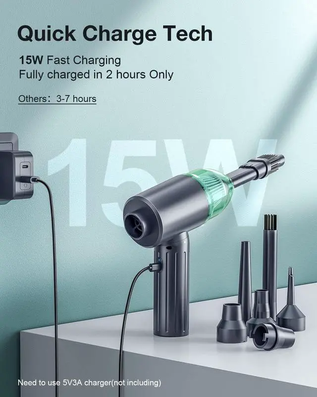 Alt view image 3 of 7 - Electric Compressed Air Duster & Vacuum, CORN Electric Air Blower, 4 in 1 Function Powerful 3-Gear to 90000RPM/12000PA Keyboard Cleaner, Rechargeable Cordless Air Duster for Computer/Car/Pet Hair