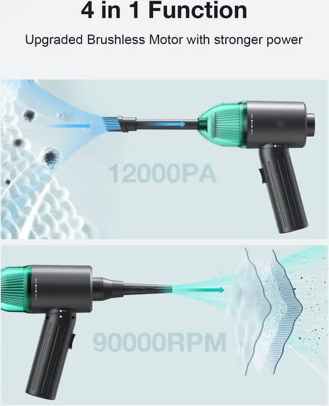 Alt view image 2 of 7 - Electric Compressed Air Duster & Vacuum, CORN Electric Air Blower, 4 in 1 Function Powerful 3-Gear to 90000RPM/12000PA Keyboard Cleaner, Rechargeable Cordless Air Duster for Computer/Car/Pet Hair