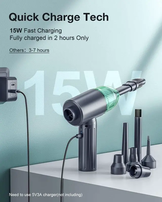 Alt view image 3 of 7 - Electric Compressed Air Duster & Vacuum, CORN Electric Air Blower, 4 in 1 Function Powerful 3-Gear to 90000RPM/12000PA Keyboard Cleaner, Rechargeable Cordless Air Duster for Computer/Car/Pet Hair