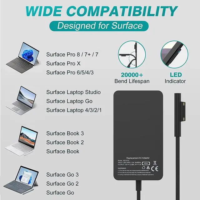 Alt view image 4 of 6 - 65W Surface Pro Laptop Charger for Microsoft Surface Pro 9, 8, 7+, 7, 6, 5, 4, 3, X, Windows Surface Laptop 5, 4, 3, 2, 1 Studio, Surface Go Tablet, Surface Book 3, 2, 1, Support 44W, 36W, LED, 10FT