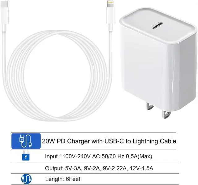 Alt view image 2 of 6 - iPhone Fast Charger, 20W USB C Power Delivery Wall Charger Plug with 6ft Type C to Lightning Cable Quick Charging Data Sync Cord for iPhone14 13 12 11 Pro Max Mini Xs Xr X 8 iPad