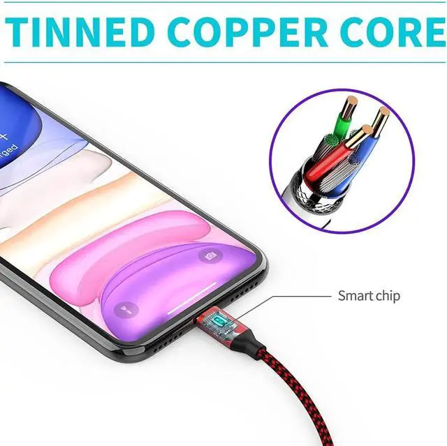 Alt view image 4 of 6 - 5Pack(3/3/6/6/10 FT)[Apple MFi Certified] iPhone Charger Long Lightning Cable Fast Charging High Speed Data Sync USB Cable Compatible iPhone 14/13/12/11 Pro Max/XS MAX/XR/XS/X/8/7/Plus iPad AirPods