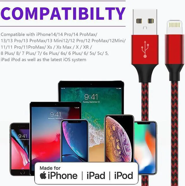 Alt view image 6 of 6 - 5Pack(3/3/6/6/10 FT)[Apple MFi Certified] iPhone Charger Long Lightning Cable Fast Charging High Speed Data Sync USB Cable Compatible iPhone 14/13/12/11 Pro Max/XS MAX/XR/XS/X/8/7/Plus iPad AirPods