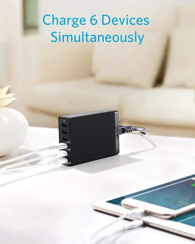 Alt view image 5 of 6 - Wall Charger, Anker 60W 6 Port USB Charging Station, PowerPort 6 Multi USB Charger for iPhone Xs/Max/XR/X/8/7/Plus, iPad Pro/Air 2/Mini/iPod, Galaxy S9/S8/S7/Edge/Plus, Note, LG, HTC, and More