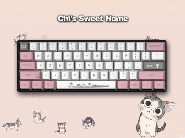 Alt view image 2 of 7 - Corn 61-key Wired Small Portable Mechanical Keyboard Anti-Ghosting Hot Swap PBT Five-sided Dye Sublimation Animation Joint Custom Keycap Red Switch Chi's Cat