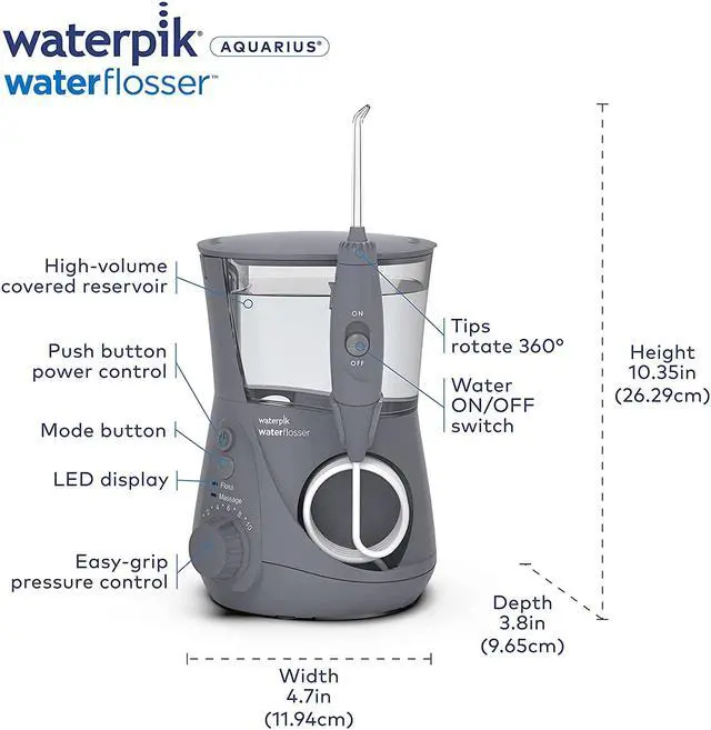 Alt view image 5 of 7 - Waterpik Aquarius Water Flosser Professional For Teeth, Gums, Braces, Dental Care, Electric Power With 10 Settings, 7 Tips For Multiple Users And Needs, ADA Accepted, Black WP-662-Gray