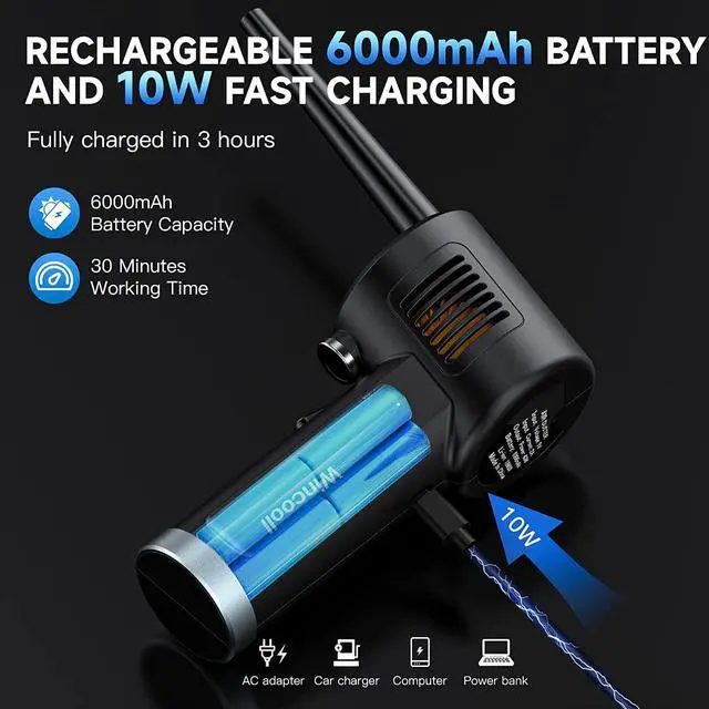 Alt view image 5 of 7 - Air Duster for Computer Keyboard Cleaning - Cordless, Rechargeable 6000mAh Battery,Powerful Brushless Motor and 10W Fast Charging Air Duster Compressed Air