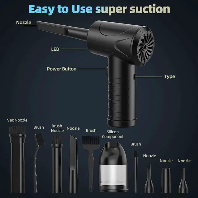 Alt view image 5 of 7 - Compressed Air Duster, CORN 100000RPM Electric Air Duster & Vacuum Cleaner 2 in 1 Rechargeable, Air Blower for Compute and Keyboard, Cordless Air Duster 7500MAH, Good Replace Compressed Air Can
