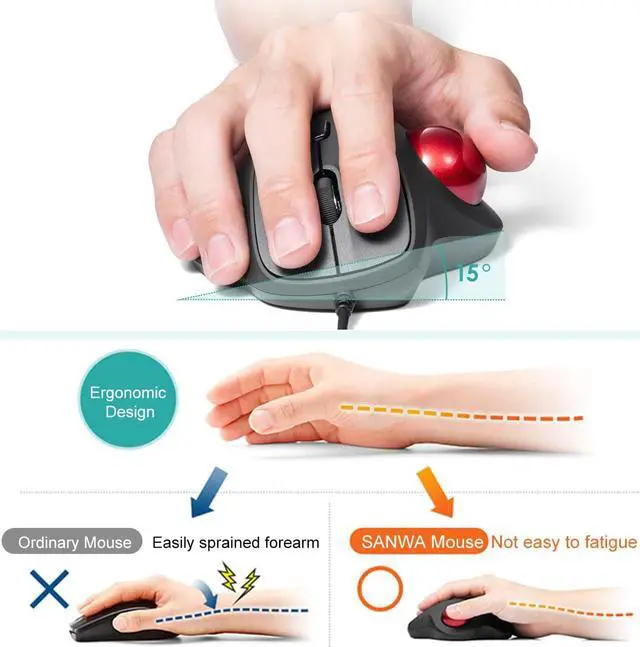 Alt view image 6 of 7 - CORN Wired Ergonomic Trackball Mouse, Optical Vertical Rollerball Mice, Silent Buttons, 34mm Trackball, 600/800/1200/1600 Adjustable DPI, Compatible with MacBook, Laptop,PC, Windows, macOS