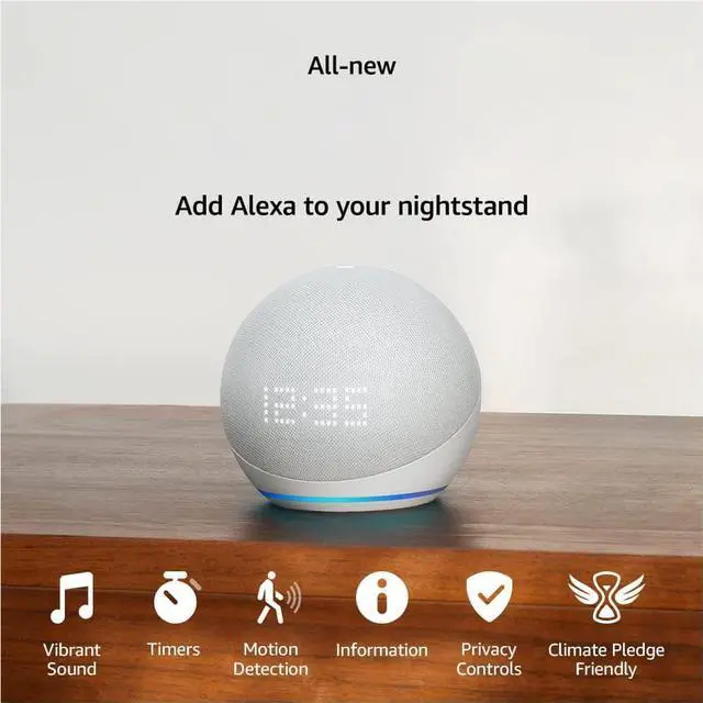 Main image of All-New  (5th Gen, 2022 release) with clock | Smart speaker with clock and Alexa | Glacier White