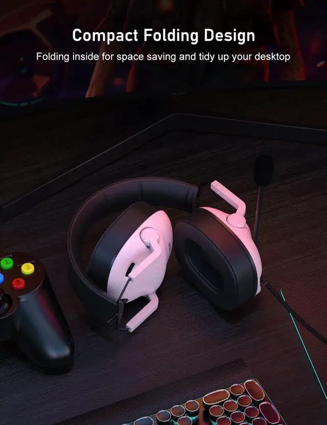 Alt view image 5 of 7 - SG500 Gaming Headset for PS5 PS4 Xbox, Surround Sound Headset with Noise Canceling Microphone - Detachable Memory Foam Ear Pads Portable Foldable Headphones for PC Switch Laptop - Pink