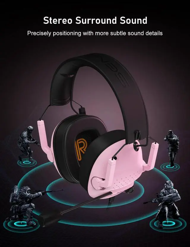 Alt view image 3 of 7 - SG500 Gaming Headset for PS5 PS4 Xbox, Surround Sound Headset with Noise Canceling Microphone - Detachable Memory Foam Ear Pads Portable Foldable Headphones for PC Switch Laptop - Pink