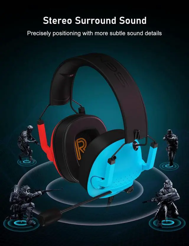 Alt view image 3 of 7 - SG500 Gaming Headset for PS5 PS4 Xbox, Surround Sound Headset with Noise Canceling Microphone - Detachable Memory Foam Ear Pads Portable Foldable Headphones for PC Switch - Red&Blue