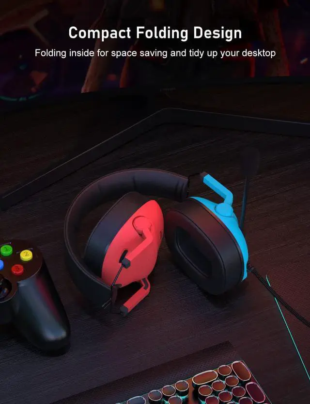 Alt view image 2 of 7 - SG500 Gaming Headset for PS5 PS4 Xbox, Surround Sound Headset with Noise Canceling Microphone - Detachable Memory Foam Ear Pads Portable Foldable Headphones for PC Switch - Red&Blue