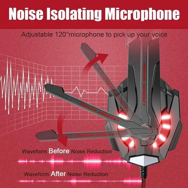 Alt view image 5 of 7 - G9000 Stereo Pro Gaming Headset for PS4, PC, Xbox One Controller, Noise Cancelling Over Ear Headphones with Mic, LED Light, Bass Surround, Soft Memory Earmuffs for Laptop Mac Wii Accessory Kits