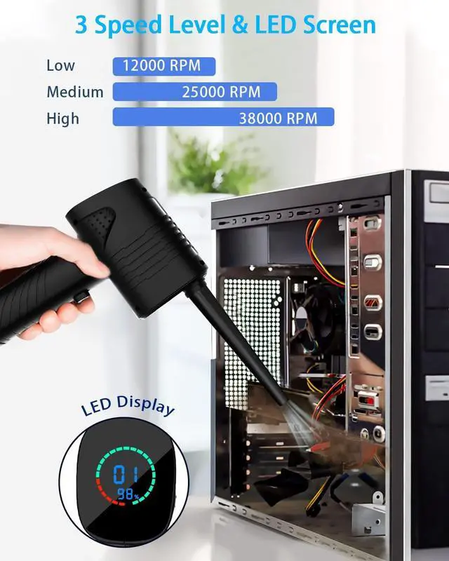 Alt view image 6 of 7 - Compressed Air Duster, 6000mAh 3-Gear to 40000 RPM Compressed Air Duster with LED Screen, Portable Electric Air Can, Cordless Blower Computer Cleaning Kit, Brushless motor, low noise