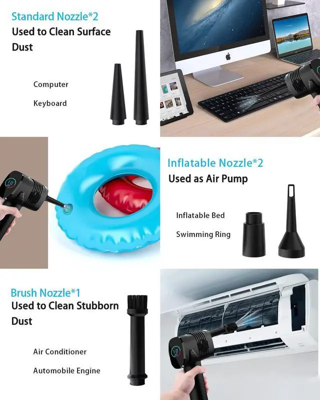 Alt view image 5 of 7 - Compressed Air Duster, 6000mAh 3-Gear to 40000 RPM Compressed Air Duster with LED Screen, Portable Electric Air Can, Cordless Blower Computer Cleaning Kit, Brushless motor, low noise