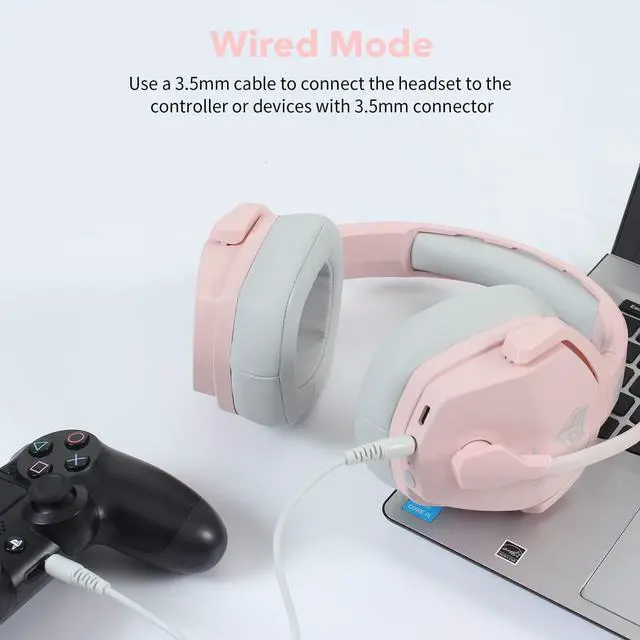 Alt view image 2 of 7 - Corn G06 Wireless Gaming Headset for PS5, PS4, PC Games, 2.4GHz Ultra-Low Latency, Bluetooth 5.0, Soft Memory Earmuffs (Pink)