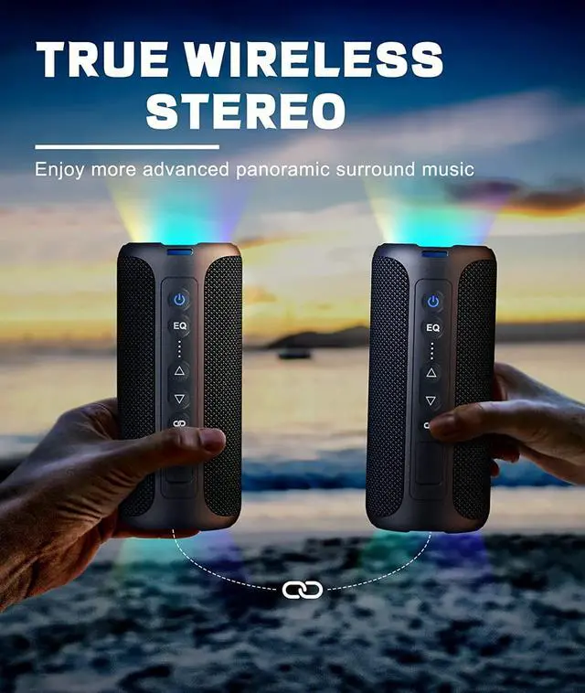 Alt view image 5 of 7 - Bluetooth Speakers, Corn 40W Loud Stereo Portable Wireless Speaker, IPX7 Waterproof Shower Speakers with Deep Bass/LED Light/TF Card/AUX, True Wireless Stereo Speaker for Indoor&Outdoor