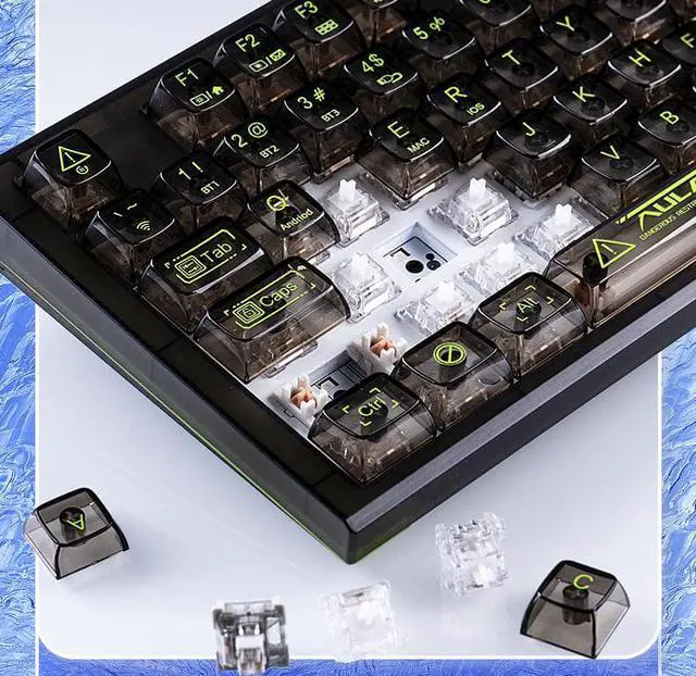 Alt view image 3 of 6 - AULA F3032 Wireless Mechanical Keyboard Bluetooth Three-mode Transparent Customized game-specific 87 keys RGB Backlit Hot Swap Ash Wood Switch Transparent Black