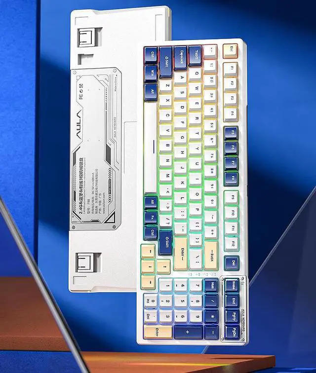 Alt view image 2 of 5 - AULA F98 Wireless Mechanical Keyboard Bluetooth Three-mode Wired Transparent Customized Game hot-swap RGB Backlit 2*2000mAh Battery Ash Wood Switch Summer