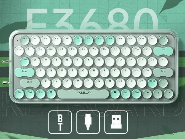 Alt view image 2 of 6 - AULA F3680 Retro Typewriter Mechanical Keyboard Three Mode COnnection Wireless Bluetooth Wired 79 Keys Keyboard For Gaming ,Office, Home, 1500mAh, Anti Ghosting Blue Switch Green