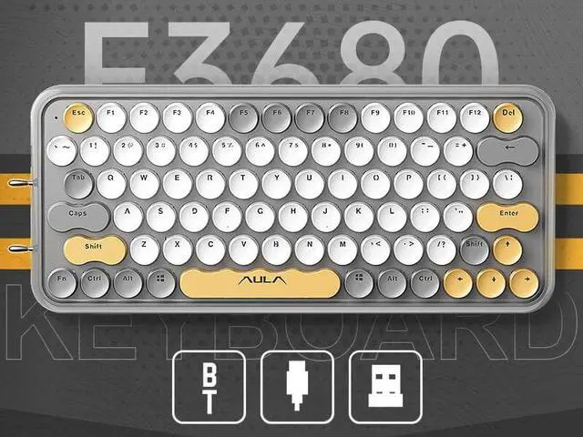 Main image of AULA F3680 Retro Typewriter Mechanical Keyboard Three Mode COnnection Wireless Bluetooth Wired 79 Keys Keyboard For Gaming ,Office, Home, 1500mAh, Anti Ghosting Red Switch Yellow