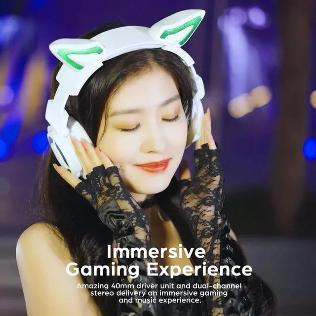 Alt view image 2 of 7 - Kids Cat Ear Headphone Wireless Bluetooth 5.3 Portable Foldable Over-Ear Gaming Headset 2.4G with Attachable HD Mic RGB LED Light Customizable Lighting and Effect via APP (Pink)