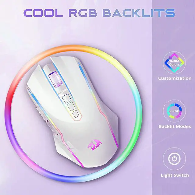Alt view image 2 of 7 - Redragon Wireless Gaming Mouse with RGB Backlit, 8000 DPI, Mouse Gaming with Fire Button, Macro Editing Programmable Mouse Gamer,70Hrs for Windows/Mac, Rechargeable, White, M910-WS