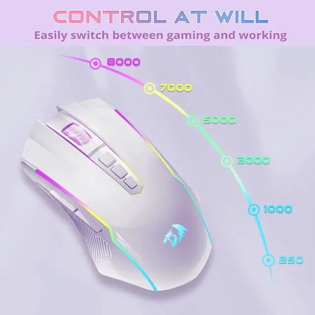 Alt view image 4 of 7 - Redragon Wireless Gaming Mouse with RGB Backlit, 8000 DPI, Mouse Gaming with Fire Button, Macro Editing Programmable Mouse Gamer,70Hrs for Windows/Mac, Rechargeable, White, M910-WS