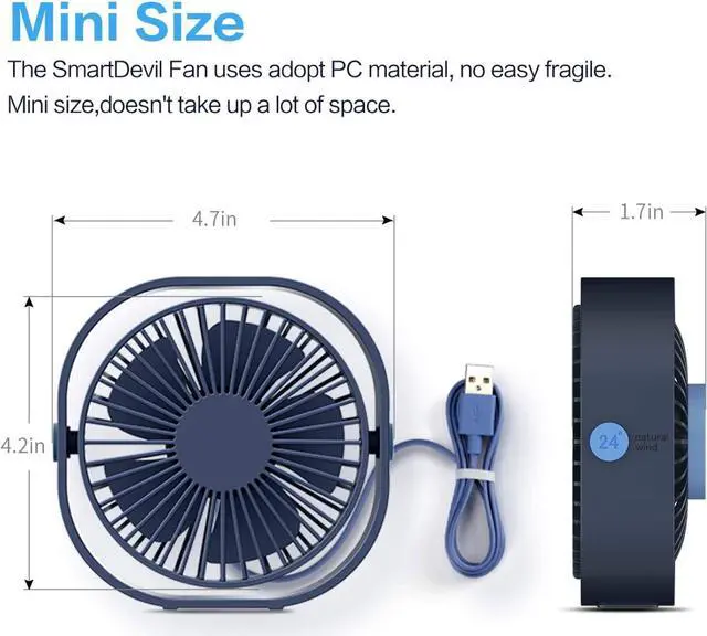 Alt view image 6 of 6 - SmartDevil Small Personal USB Desk Fan,3 Speeds Portable Desktop Table Cooling Fan Powered by USB,Strong Wind,Quiet Operation,for Home Office Car Outdoor Travel (Navy Blue)