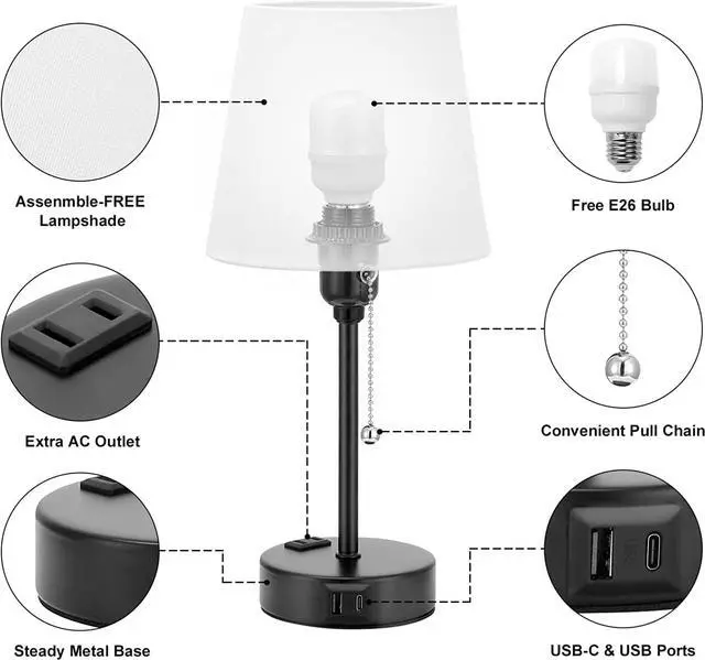Alt view image 5 of 7 - Bedside Lamps for Bedrooms Set of 2 Nightstand - Table Lamp with 3 Color Modes 2700K-5000K, Small Lamp with USB C+A Charging Port and AC Outlet, White Lamp for Side Table, Mini Bed Side Lamp for Kids