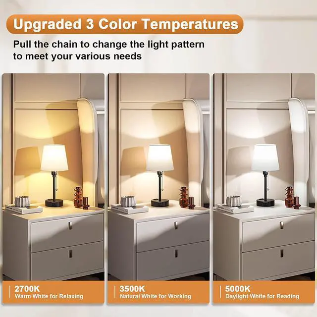 Alt view image 2 of 7 - Bedside Lamps for Bedrooms Set of 2 Nightstand - Table Lamp with 3 Color Modes 2700K-5000K, Small Lamp with USB C+A Charging Port and AC Outlet, White Lamp for Side Table, Mini Bed Side Lamp for Kids