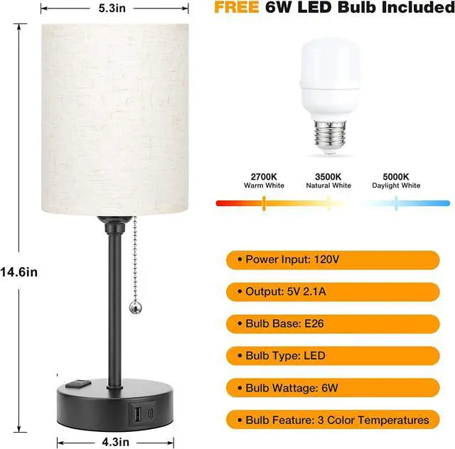 Alt view image 4 of 7 - Bedside Lamps for Bedrooms Set of 2 Nightstand - Table Lamp with 3 Color Modes 2700K-5000K, Small Lamp with USB C+A Charging Port and AC Outlet, White Lamp for Side Table, Mini Bed Side Lamp for Kids
