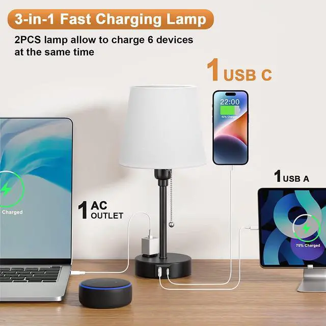 Alt view image 3 of 7 - Bedside Lamps for Bedrooms Set of 2 Nightstand - Table Lamp with 3 Color Modes 2700K-5000K, Small Lamp with USB C+A Charging Port and AC Outlet, White Lamp for Side Table, Mini Bed Side Lamp for Kids