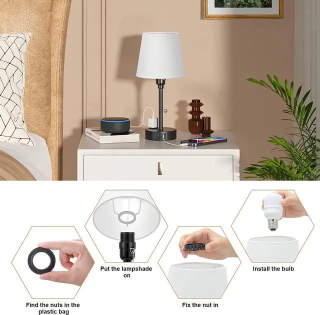 Alt view image 7 of 7 - Bedside Lamps for Bedrooms Set of 2 Nightstand - Table Lamp with 3 Color Modes 2700K-5000K, Small Lamp with USB C+A Charging Port and AC Outlet, White Lamp for Side Table, Mini Bed Side Lamp for Kids