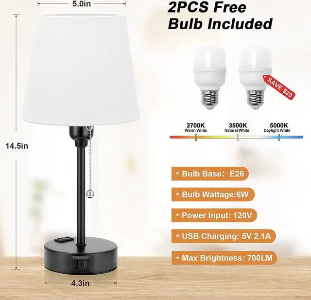 Alt view image 6 of 7 - Bedside Lamps for Bedrooms Set of 2 Nightstand - Table Lamp with 3 Color Modes 2700K-5000K, Small Lamp with USB C+A Charging Port and AC Outlet, White Lamp for Side Table, Mini Bed Side Lamp for Kids