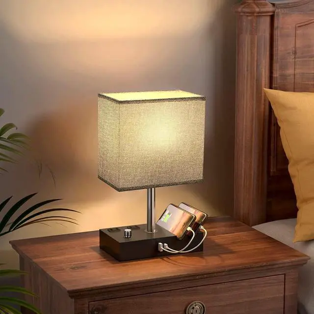 Alt view image 5 of 6 - Fully Dimmable Nightstand Lamp for Bedroom with USB C Ports, Grey Small USB Bedside Table Lamp with Charging Outlets and Phone Stands, Wooden Desk Lamp for Living Room, LED Bulb Included