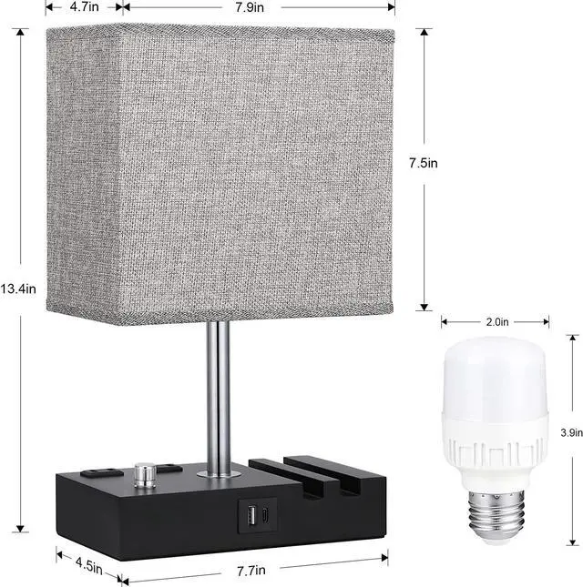 Alt view image 6 of 6 - Fully Dimmable Nightstand Lamp for Bedroom with USB C Ports, Grey Small USB Bedside Table Lamp with Charging Outlets and Phone Stands, Wooden Desk Lamp for Living Room, LED Bulb Included